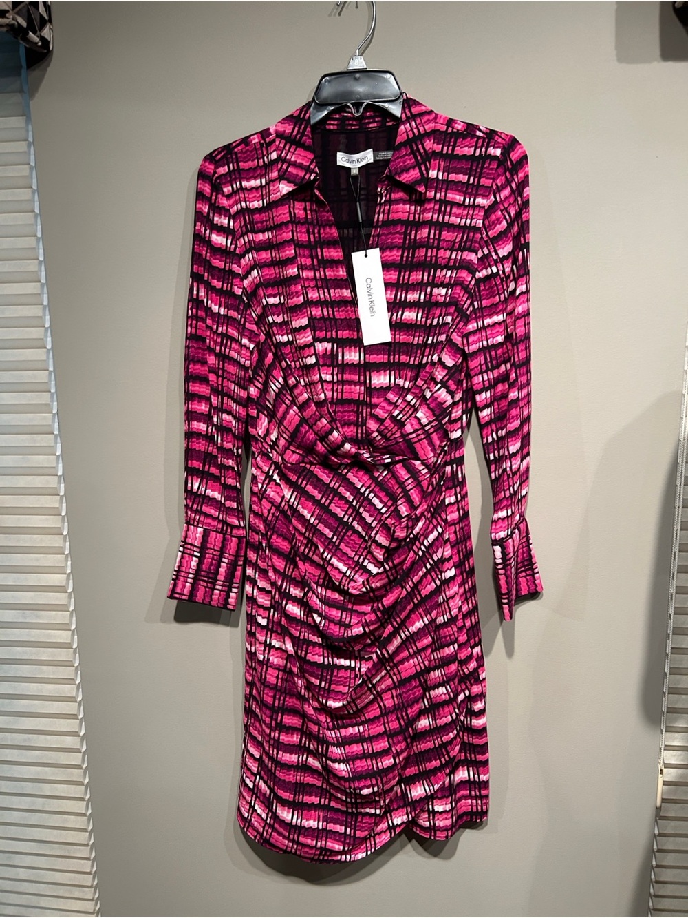 Calvin Klein Pink & Black Plaid Wrap-Style Long Sleeve Dress